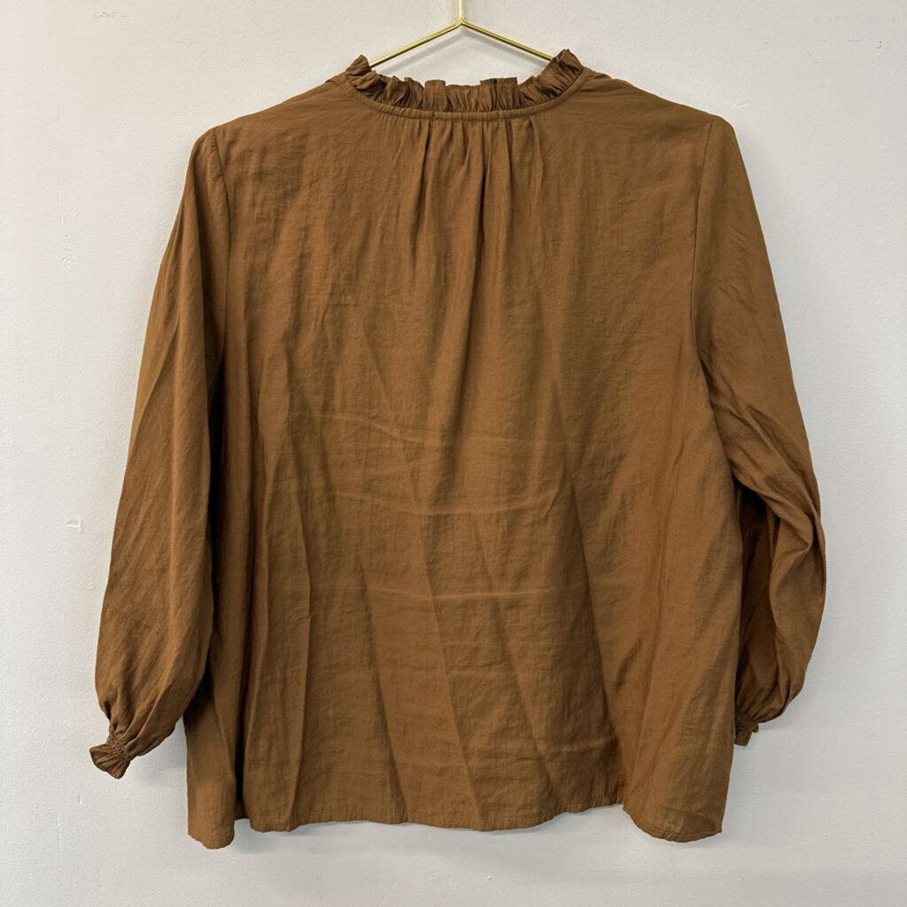 KLD Brown Ruffle Neck/ Sleeve Detail Top Medium