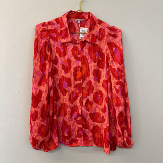 Esqualo Red/ Orange Cheetah Print Button Down Top 8