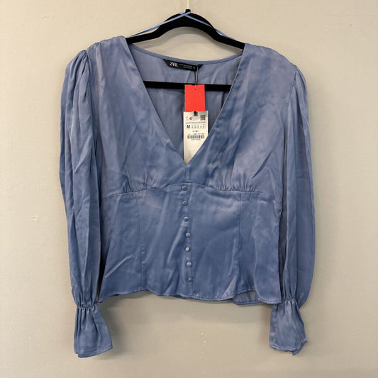 Zara Blue Silky Button Front Long Sleeve Top Medium