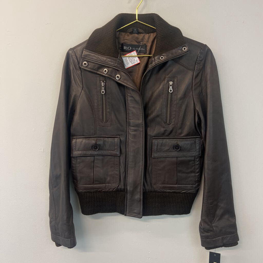 R and O Brown Leather Zip Up Jacket Medium