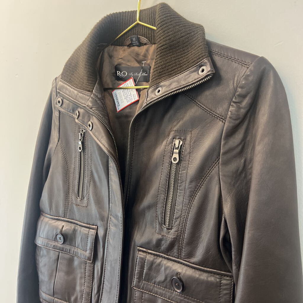 R and O Brown Leather Zip Up Jacket Medium