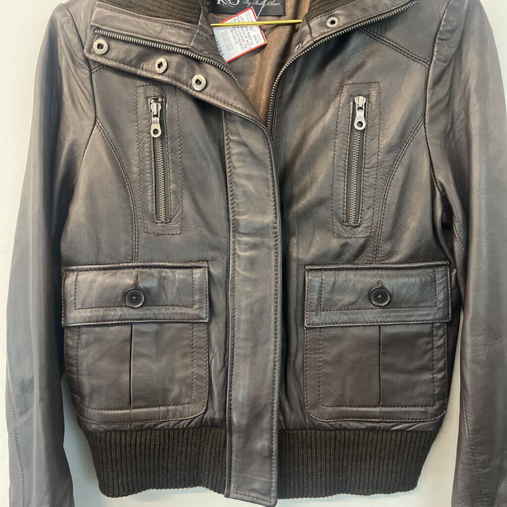 R and O Brown Leather Zip Up Jacket Medium