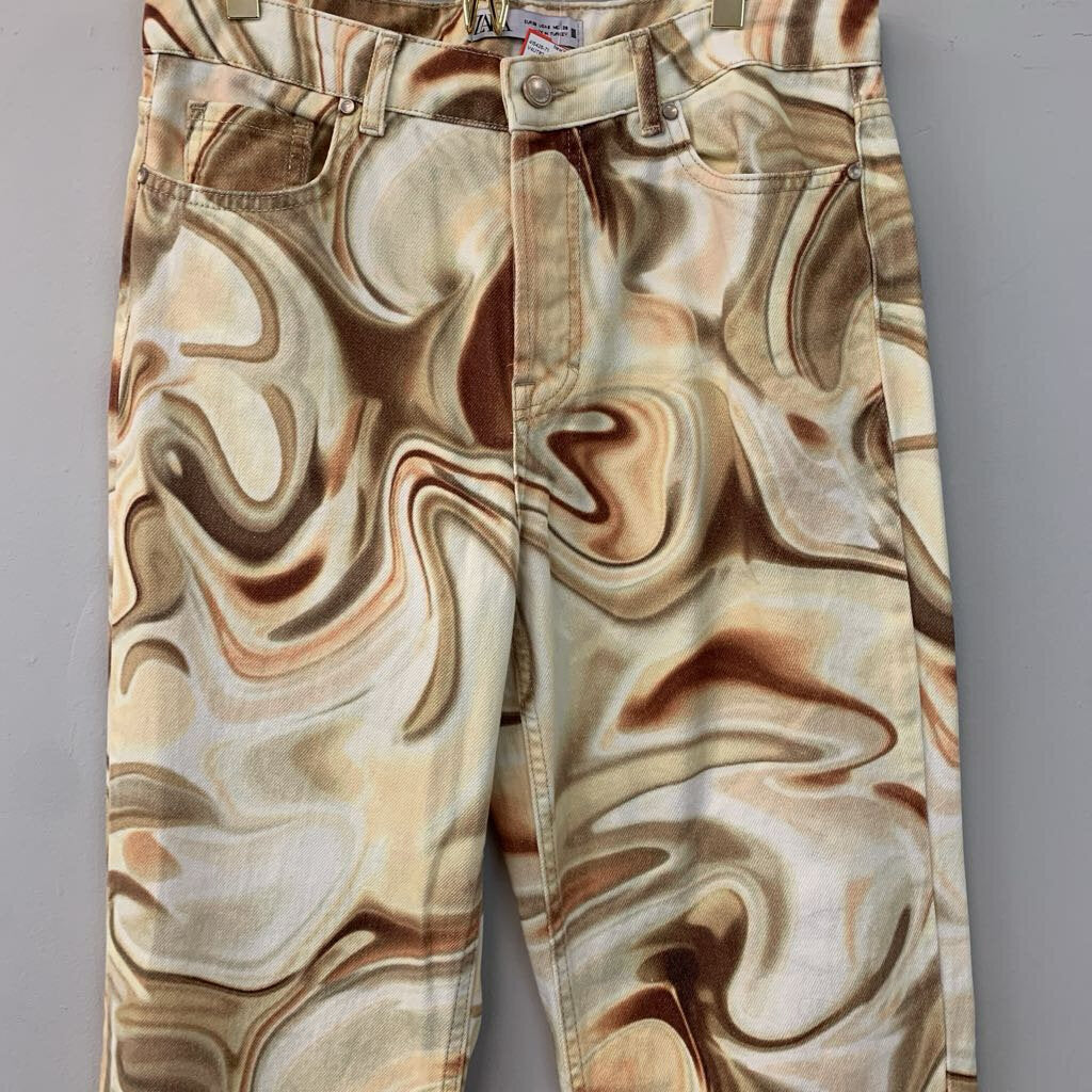 Zara Cream/ Brown Swirl Print Pants 6