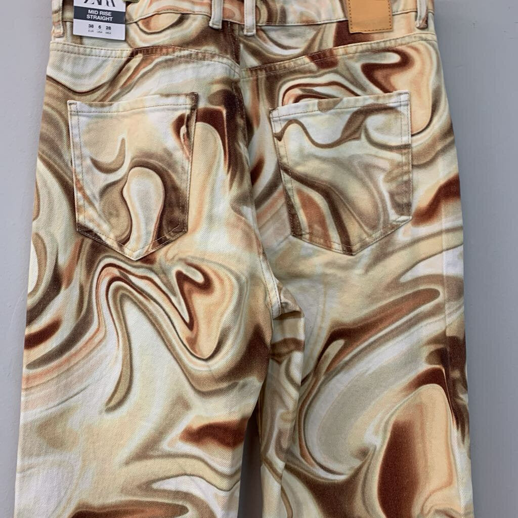 Zara Cream/ Brown Swirl Print Pants 6