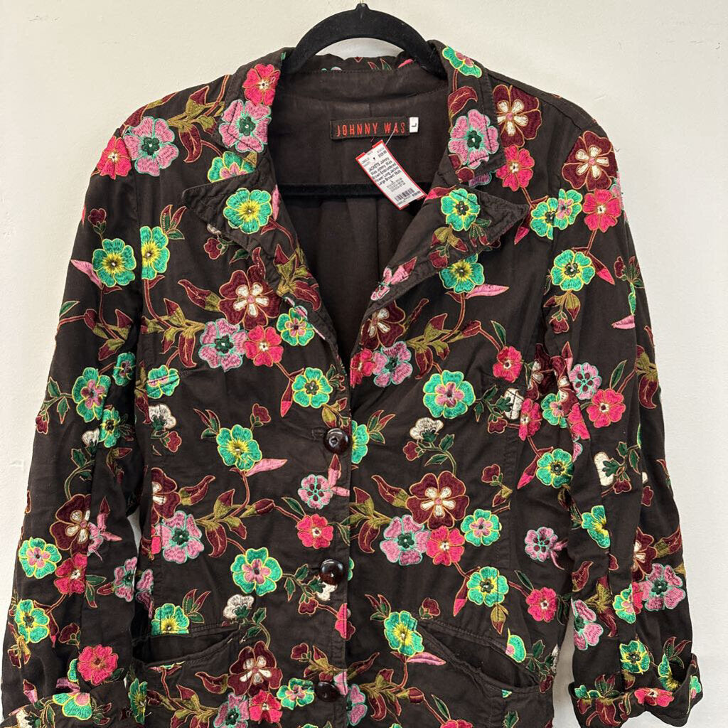 Johnny Was Brown Embroidered Flower Long Jacket Large