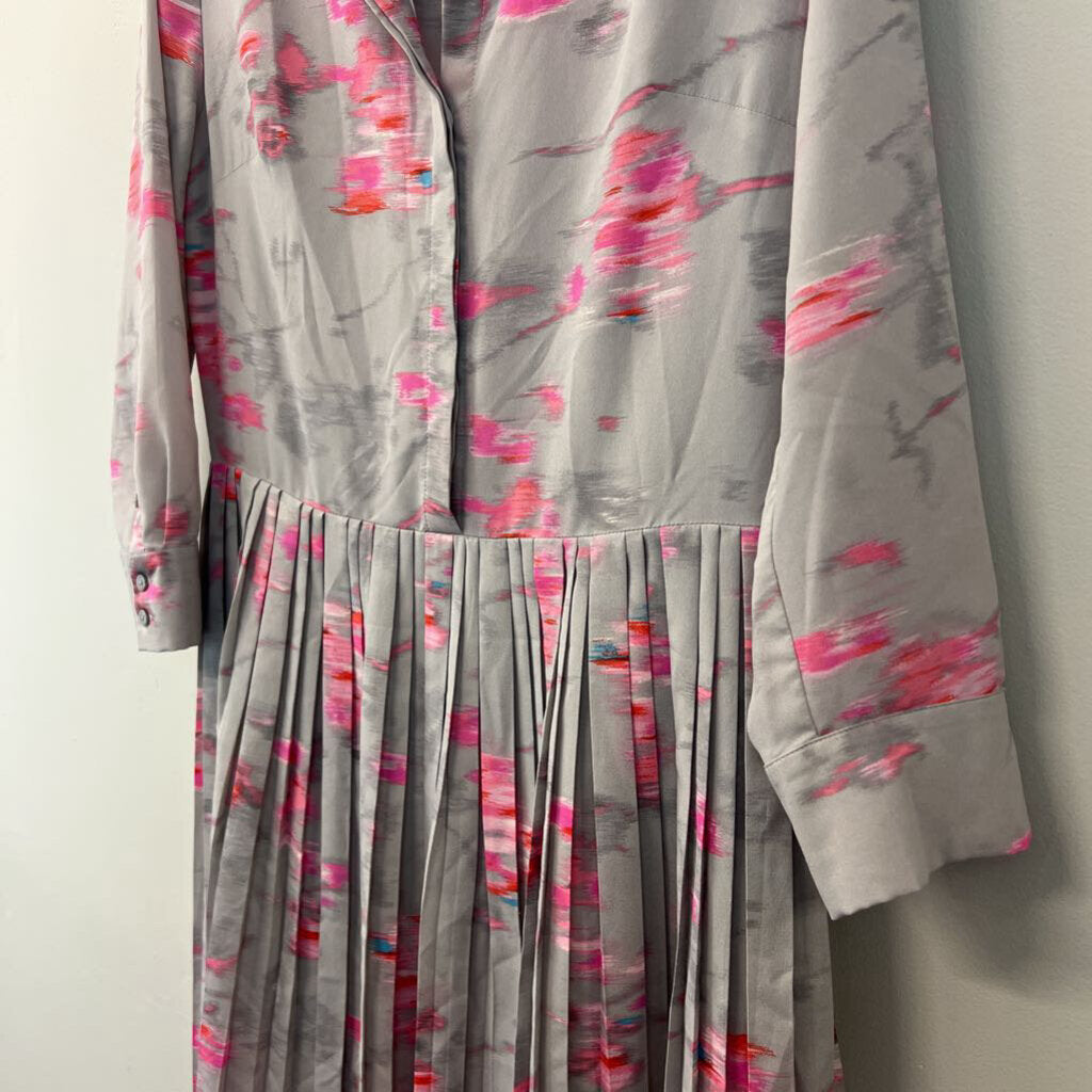 Banana Republic Grey/ Pink Print Long Sleeve Pleated Skirt Dress 10