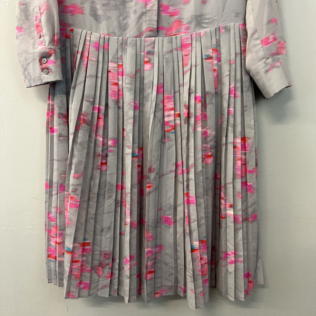 Banana Republic Grey/ Pink Print Long Sleeve Pleated Skirt Dress 10