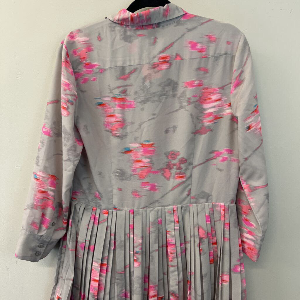 Banana Republic Grey/ Pink Print Long Sleeve Pleated Skirt Dress 10