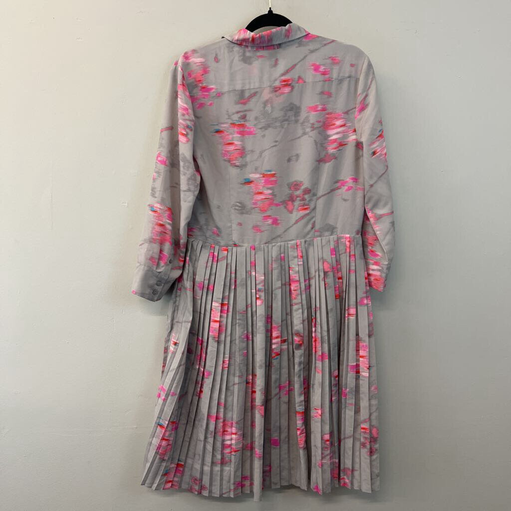 Banana Republic Grey/ Pink Print Long Sleeve Pleated Skirt Dress 10