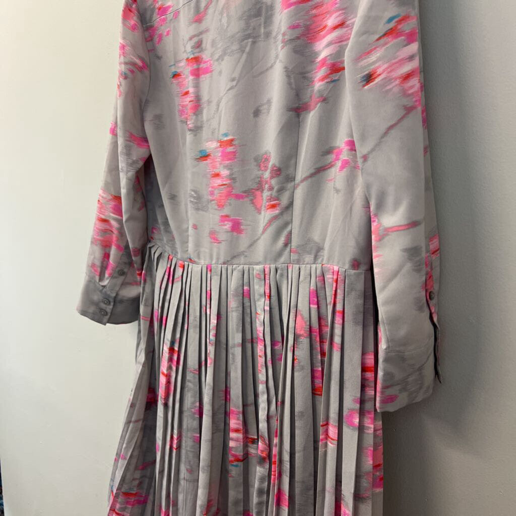 Banana Republic Grey/ Pink Print Long Sleeve Pleated Skirt Dress 10