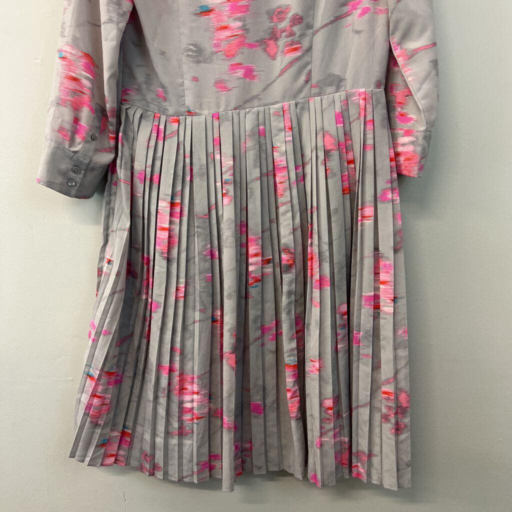 Banana Republic Grey/ Pink Print Long Sleeve Pleated Skirt Dress 10