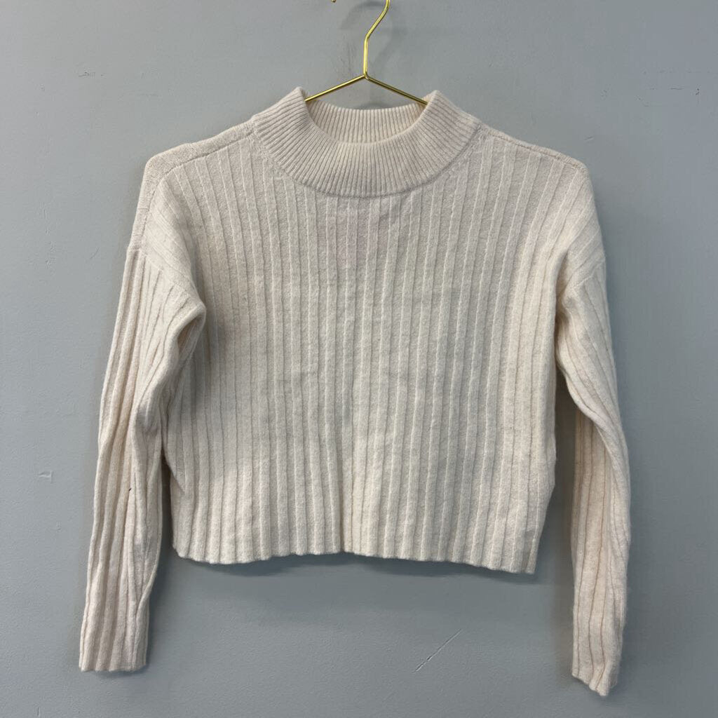 Madewell Cream Ribbed Cropped Long Sleeve Mock Neck Sweater Small