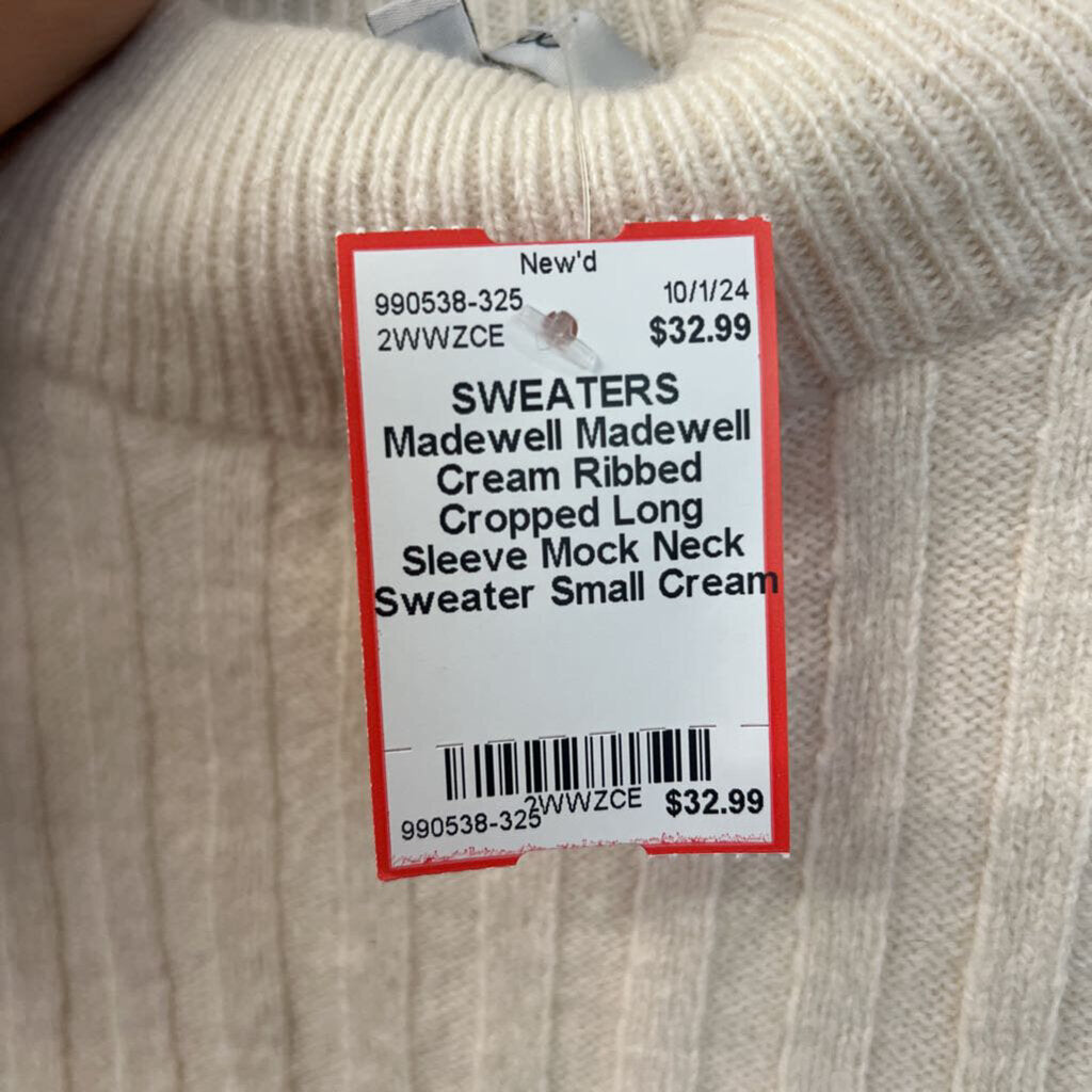 Madewell Cream Ribbed Cropped Long Sleeve Mock Neck Sweater Small