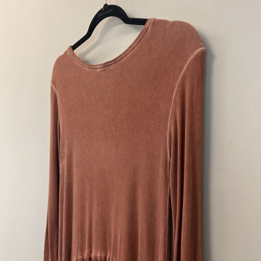 Easel Brown Ribbed Long Sleeve Dress Small