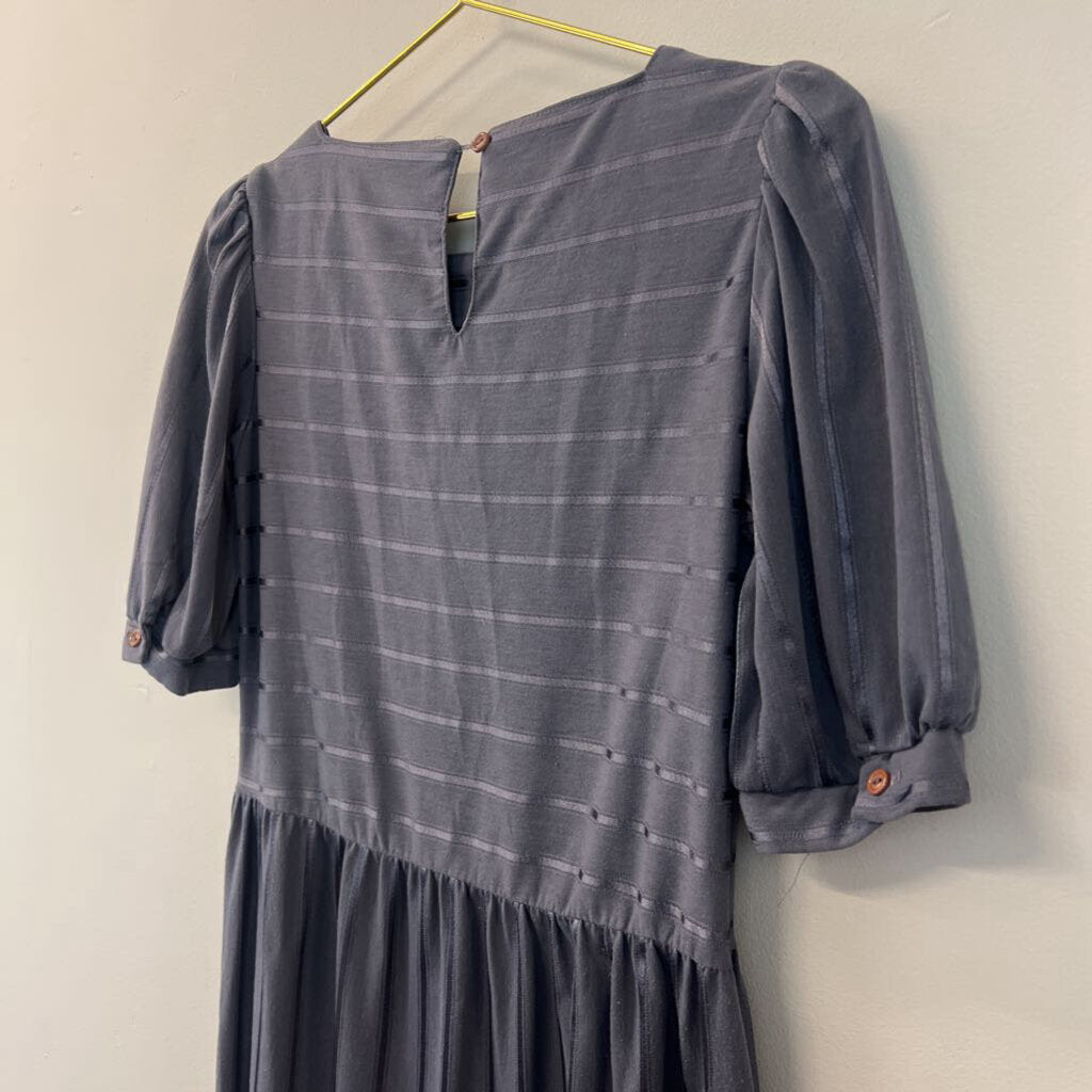 Vintage Grey Stripe Detail Short Sleeve Dress Small