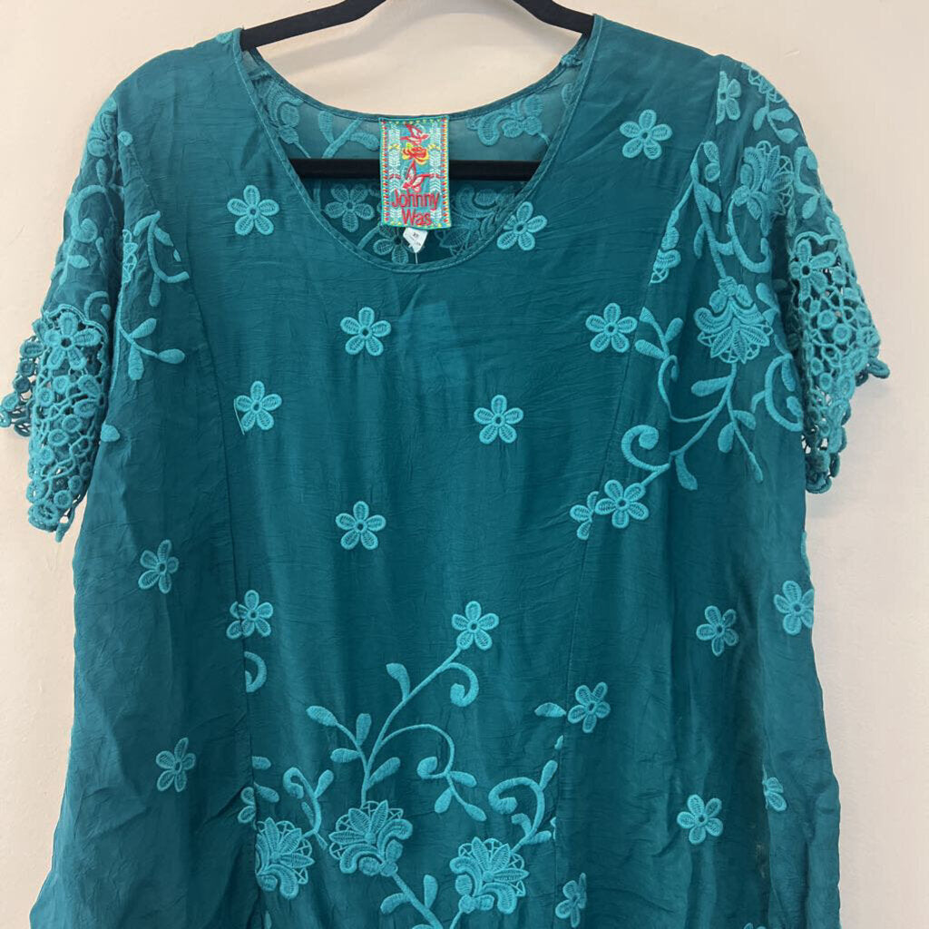 Johnny Was Teal Embroidered Detail Top Extra Small