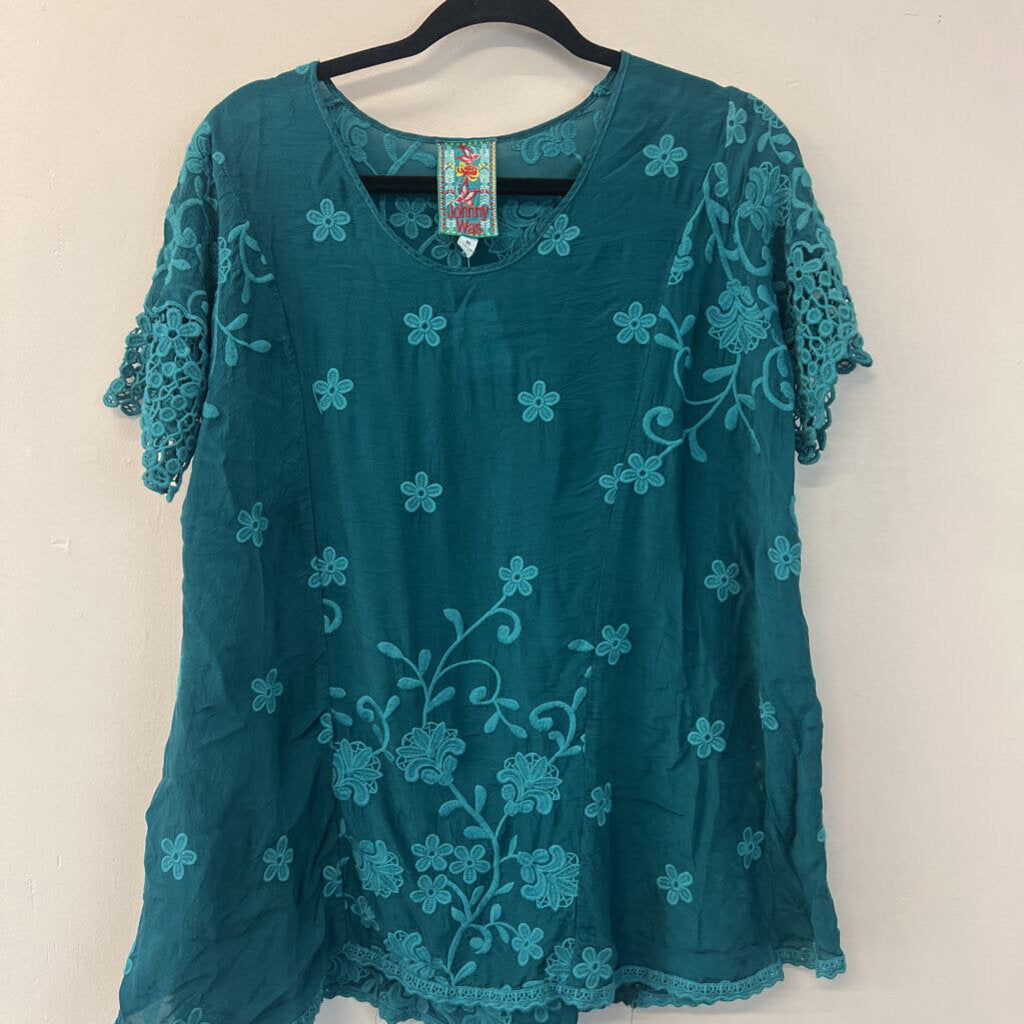 Johnny Was Teal Embroidered Detail Top Extra Small