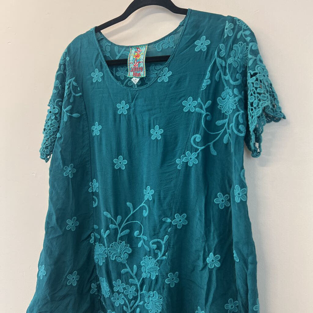 Johnny Was Teal Embroidered Detail Top Extra Small