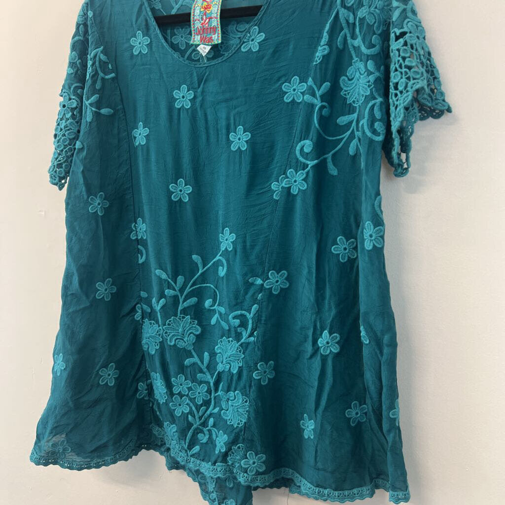 Johnny Was Teal Embroidered Detail Top Extra Small