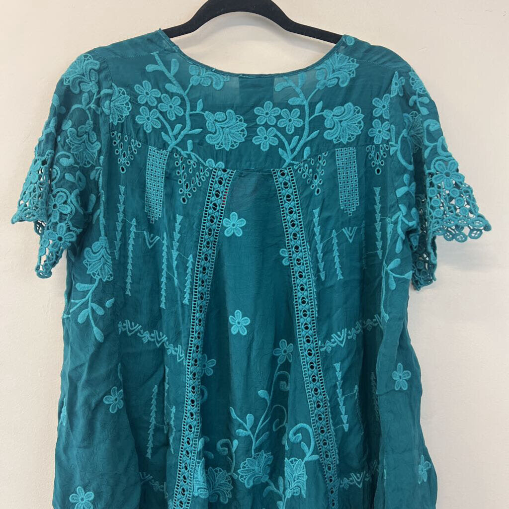 Johnny Was Teal Embroidered Detail Top Extra Small