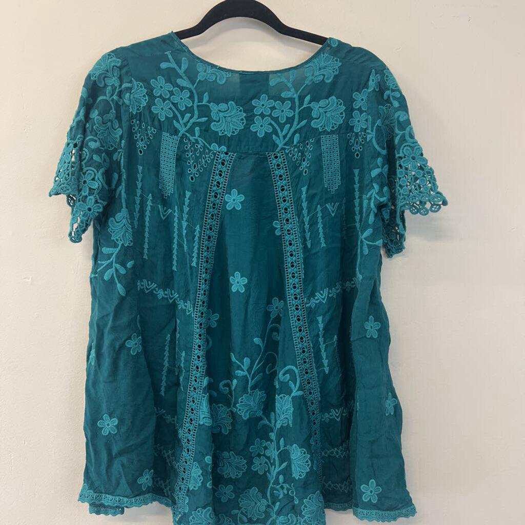 Johnny Was Teal Embroidered Detail Top Extra Small