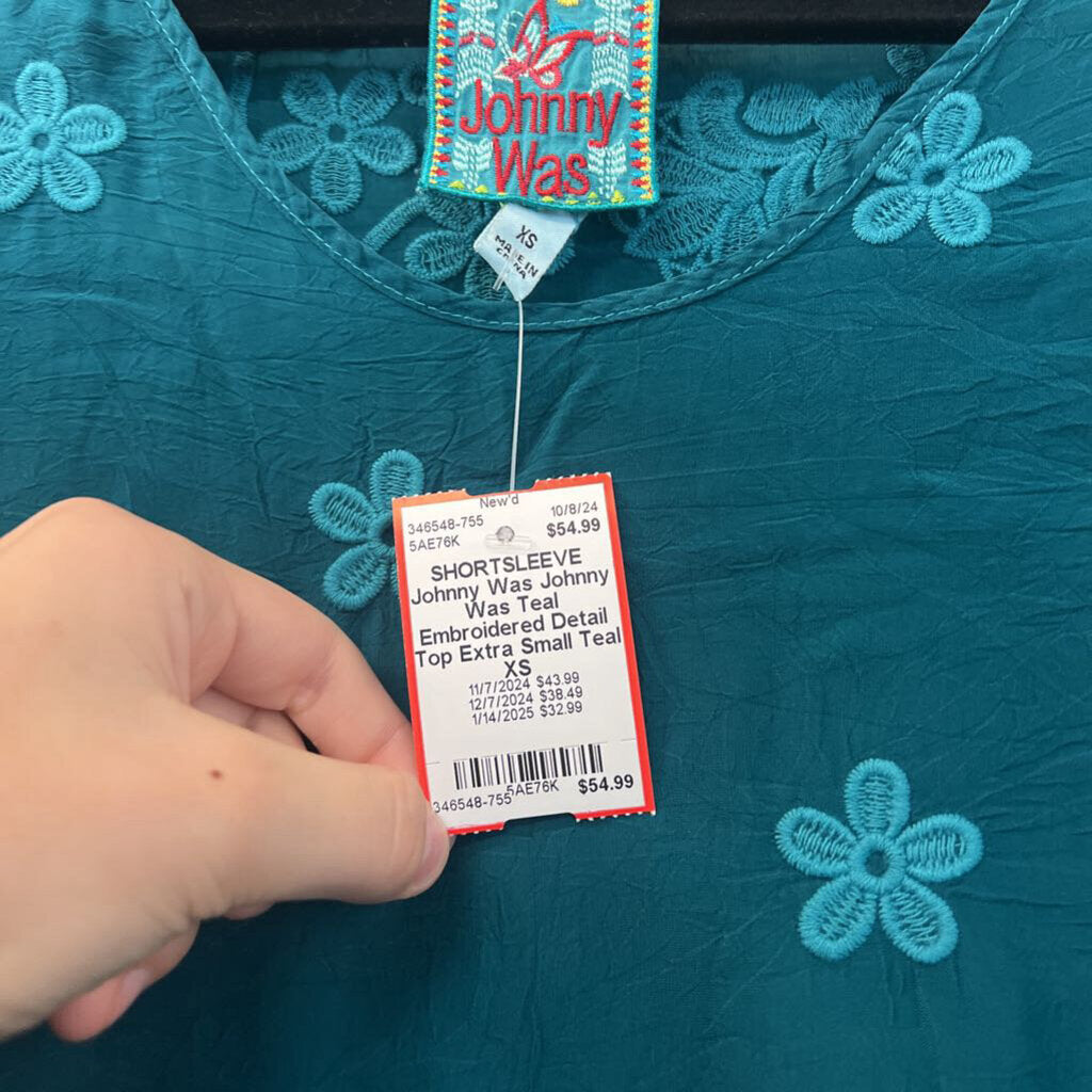 Johnny Was Teal Embroidered Detail Top Extra Small