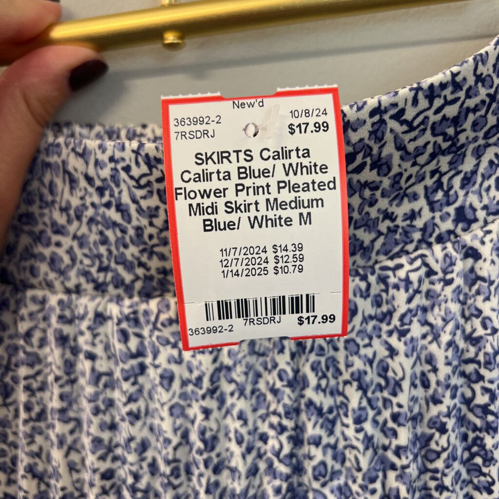 Calirta Blue/ White Flower Print Pleated Midi Skirt Medium