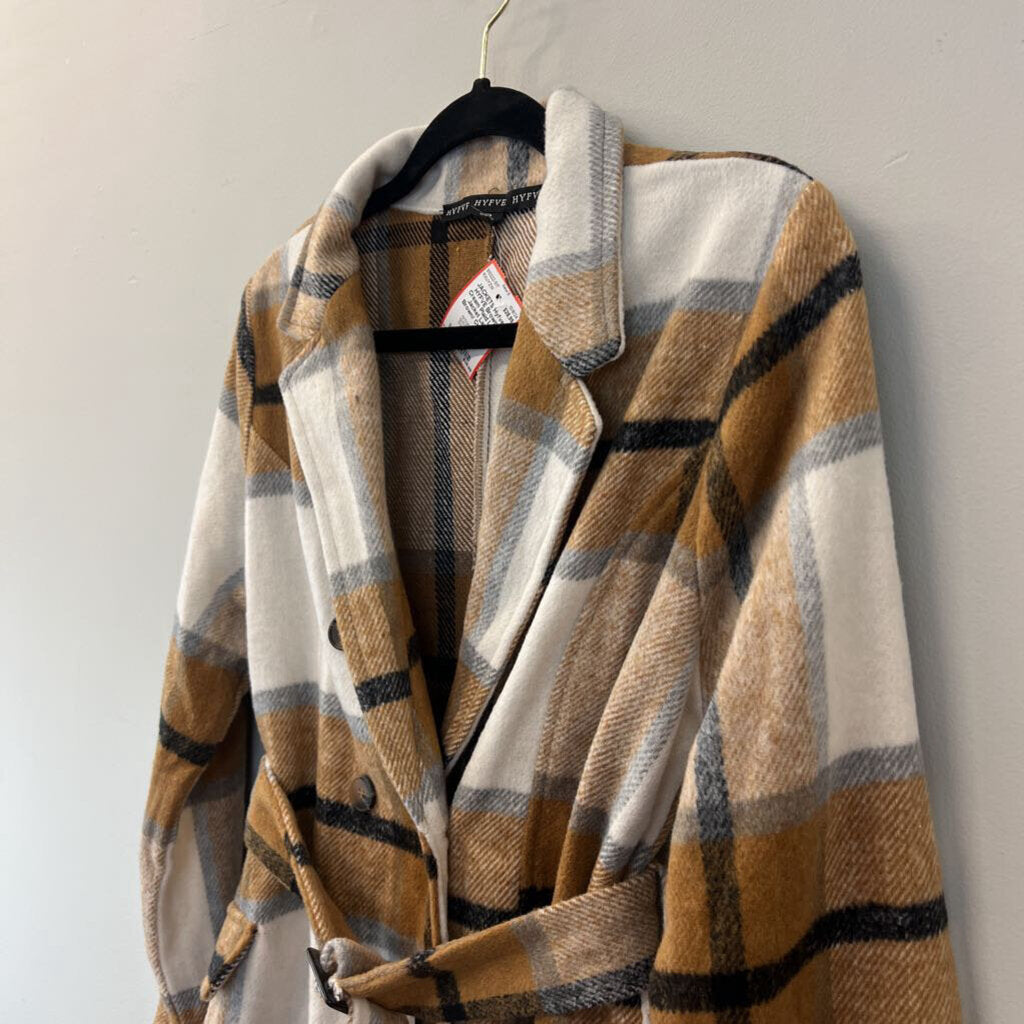 HYFVE Brown/ Cream Plaid Long Jacket Large