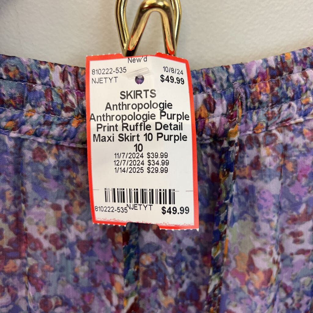 Anthropologie Purple Print Ruffle Detail Maxi Skirt 10