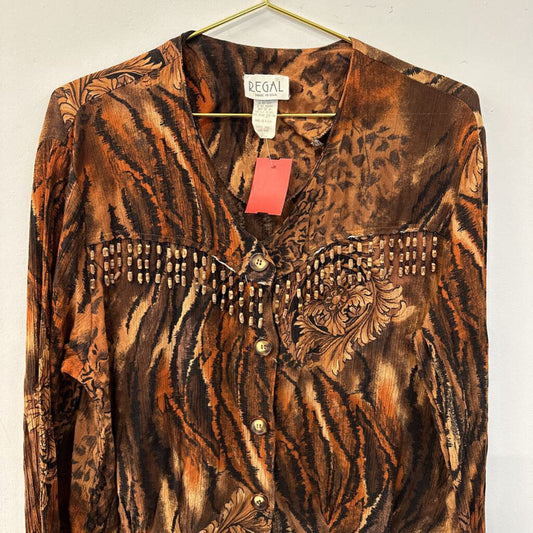 Vintage Regal Animal Print Beaded Fringe Top Medium