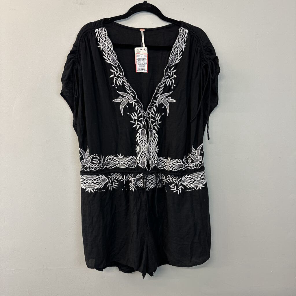 Free People Black/ White Embroidery Deep V Neck Romper Large