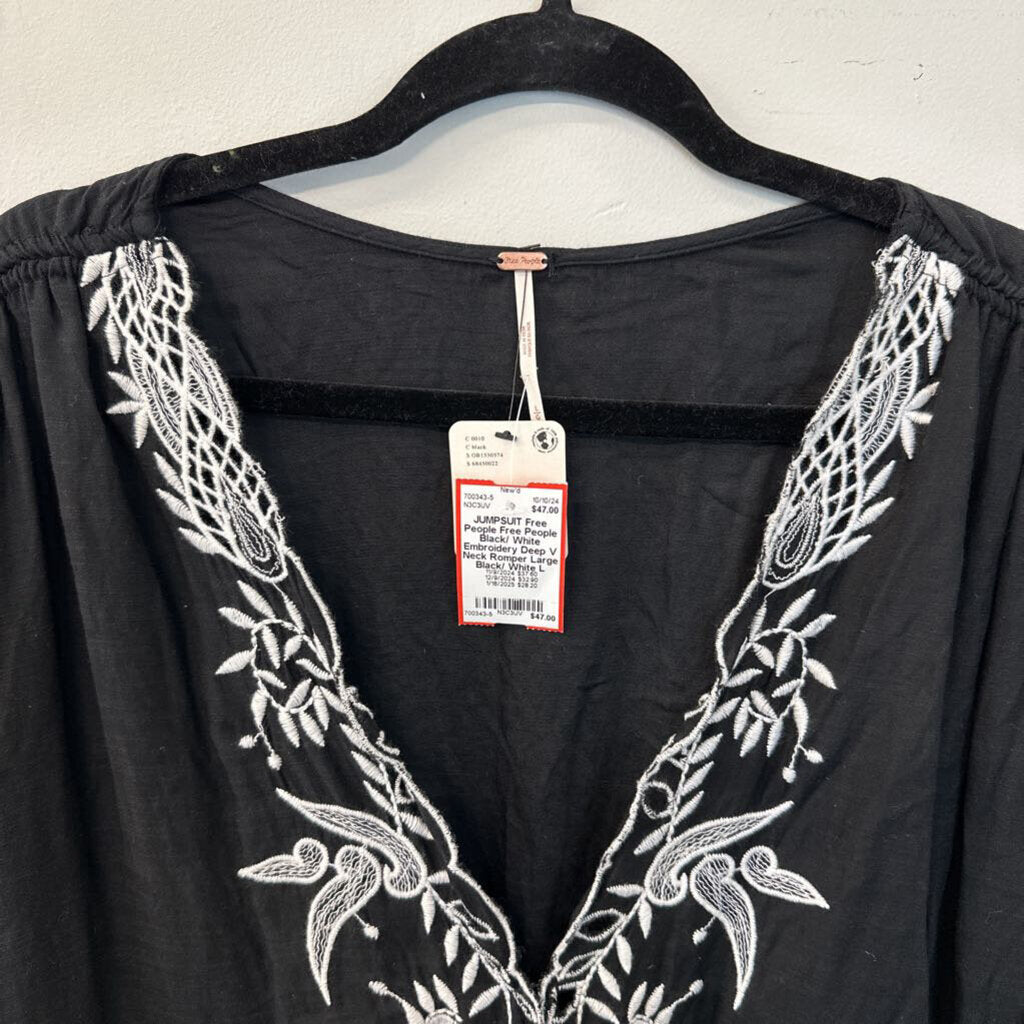 Free People Black/ White Embroidery Deep V Neck Romper Large