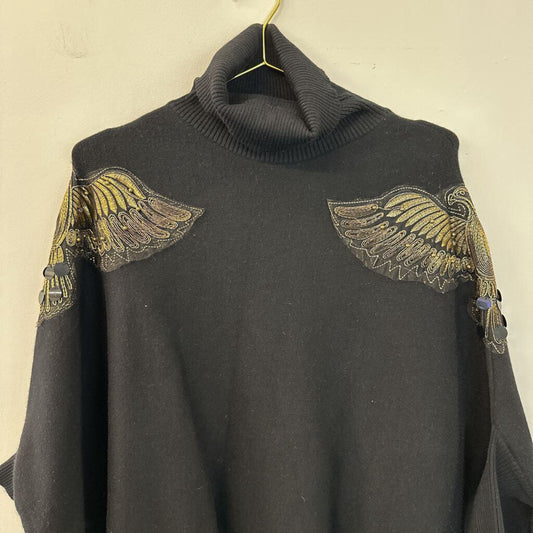 Black/ Gold Embroidered Shoulder Fringe Poncho Top Large