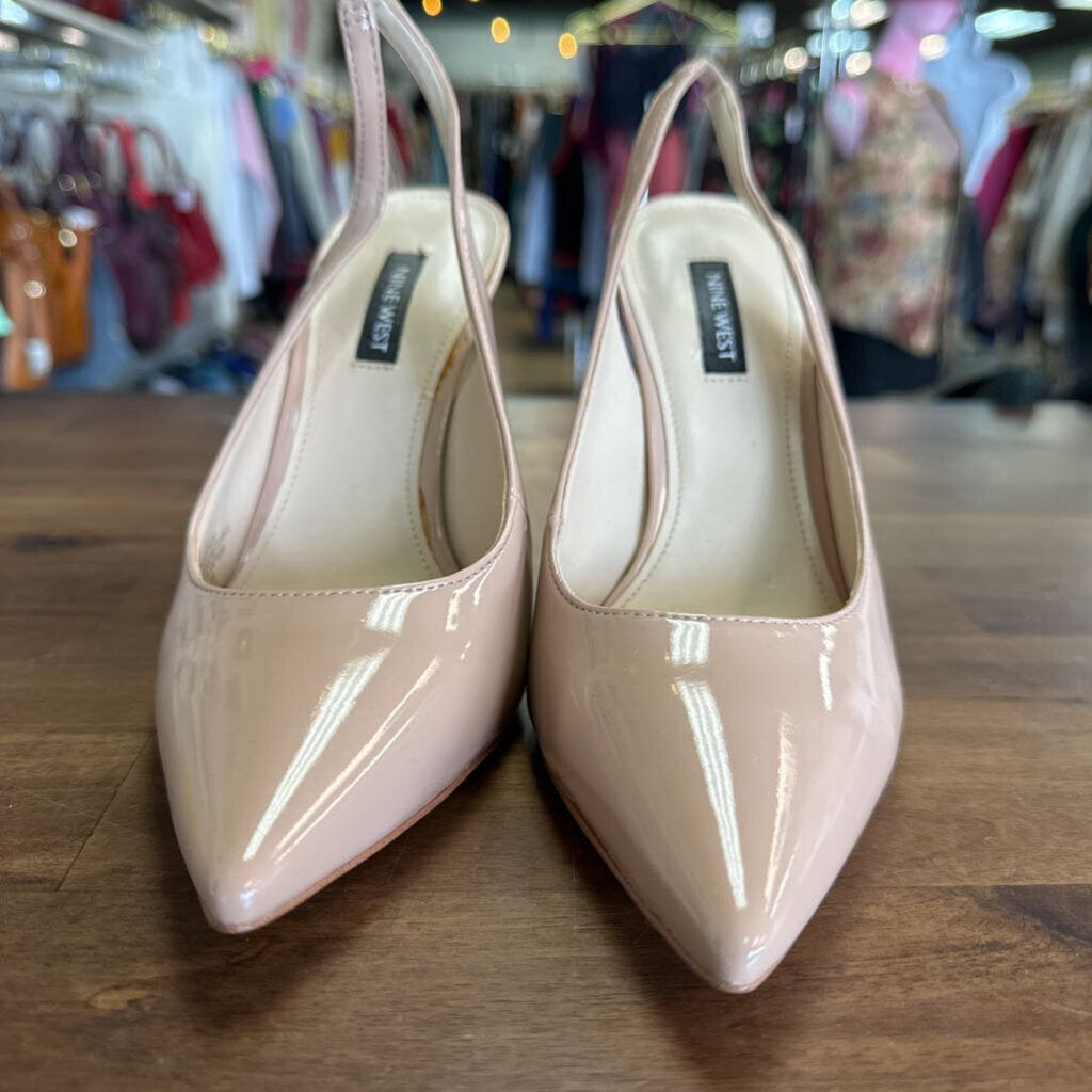 Nine West Nude Patent Leather Sling Back Point Toe Heels 7