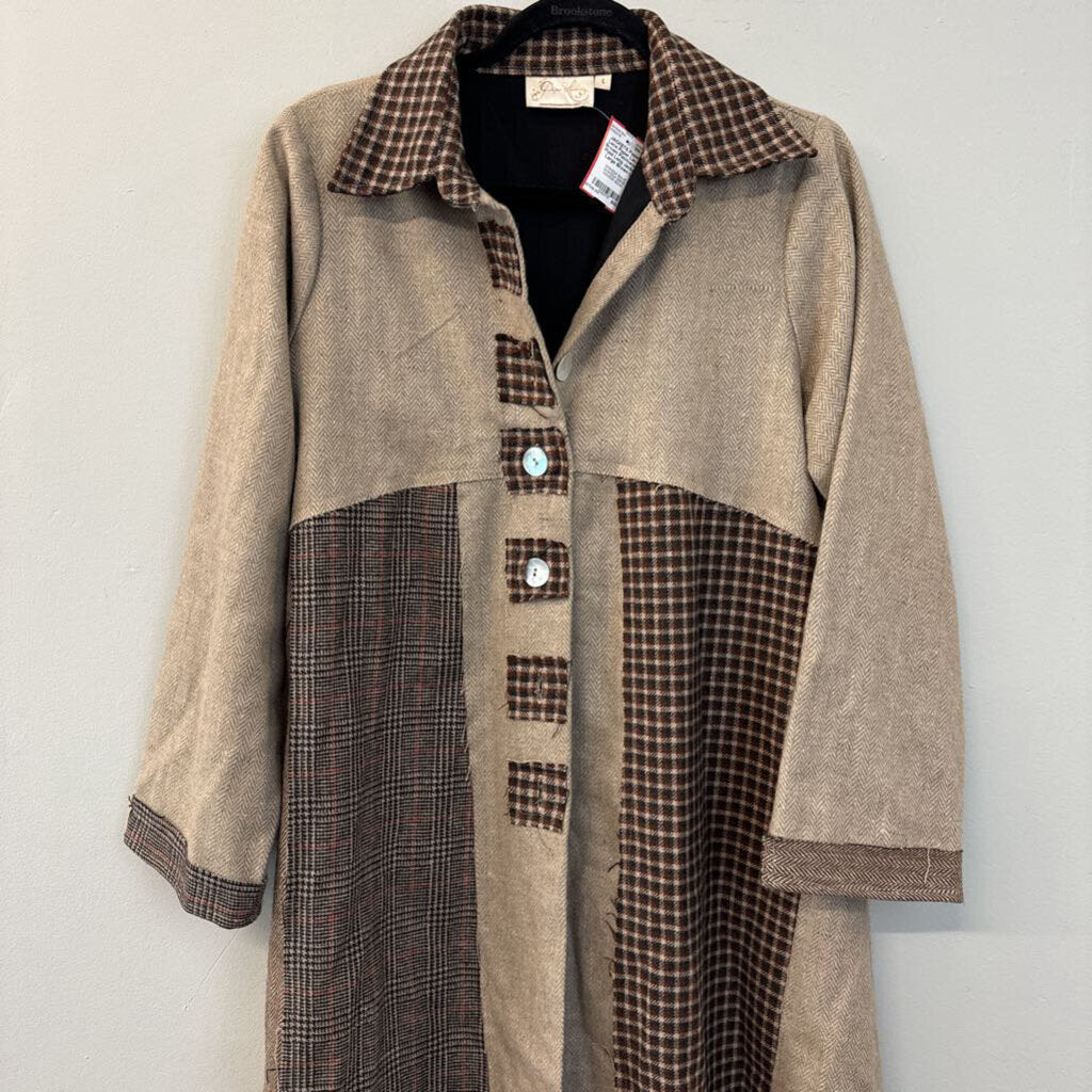 Paper Lace Brown Patchwork Plaid Long Jacket Large