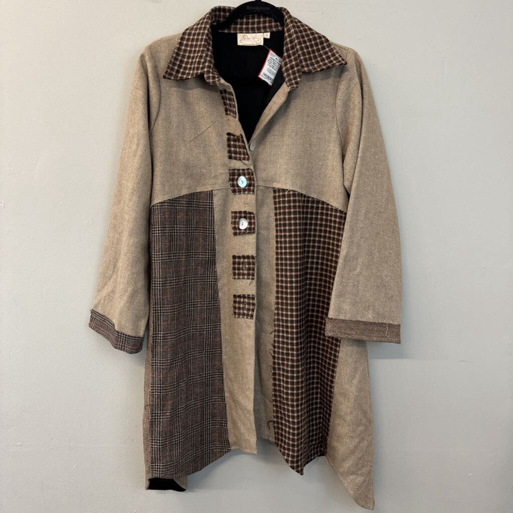 Paper Lace Brown Patchwork Plaid Long Jacket Large