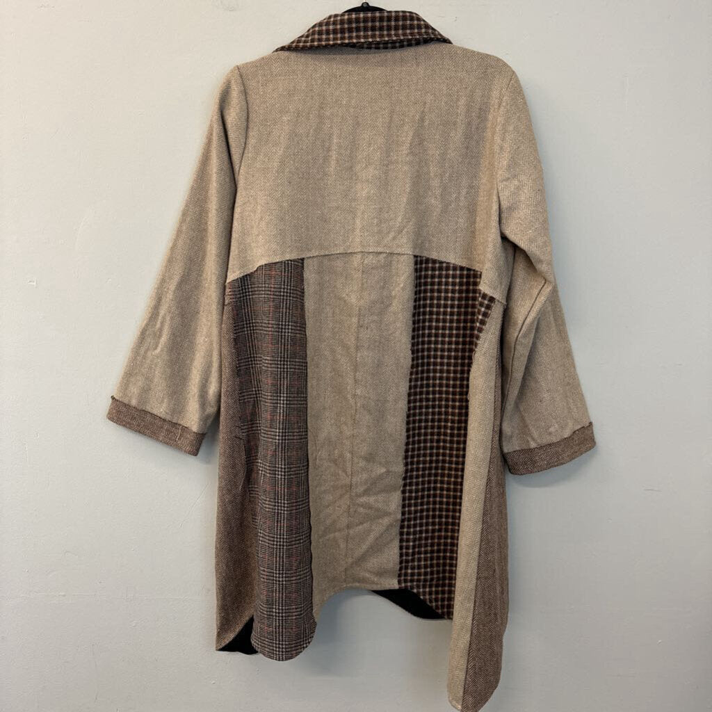 Paper Lace Brown Patchwork Plaid Long Jacket Large