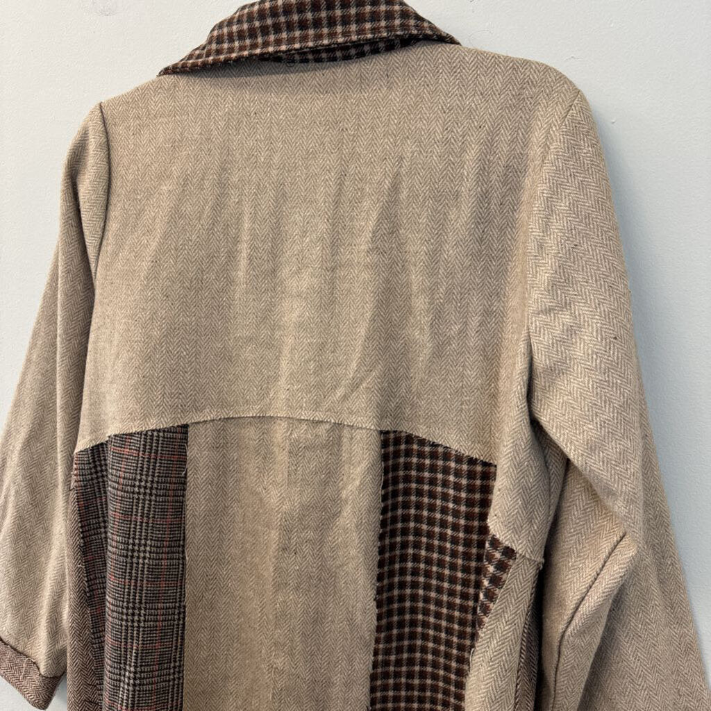 Paper Lace Brown Patchwork Plaid Long Jacket Large