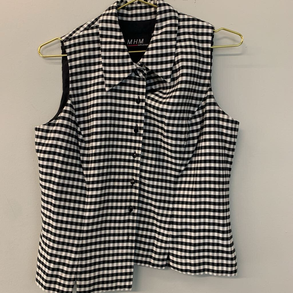 Vintage MHM Black/ White Gingham Sleeveless Button Down Top 10