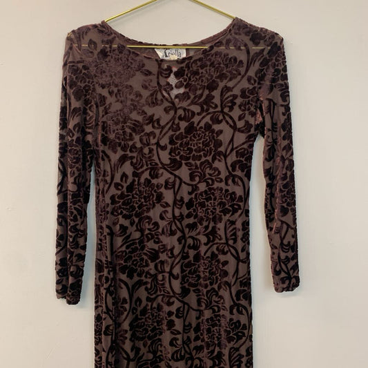 Ariella Brown Velvet Floral Lace Long Sleeve Maxi Dress Small