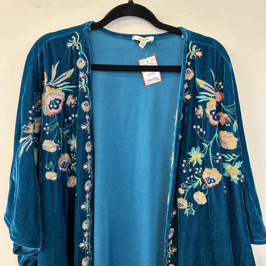 Umgee Blue Velvet Embroidered Detail Open Front Cardigan M/L