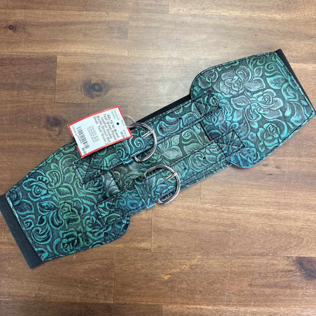 Teal/ Green Flower Leather Double Buckle Stretch Belt Small