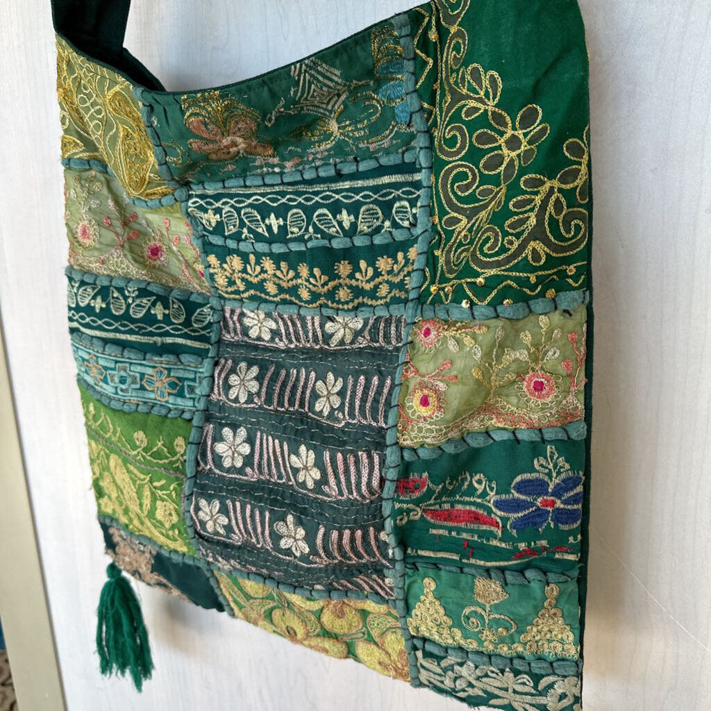 Green/ Multi Embroidered Messenger Bag Purse