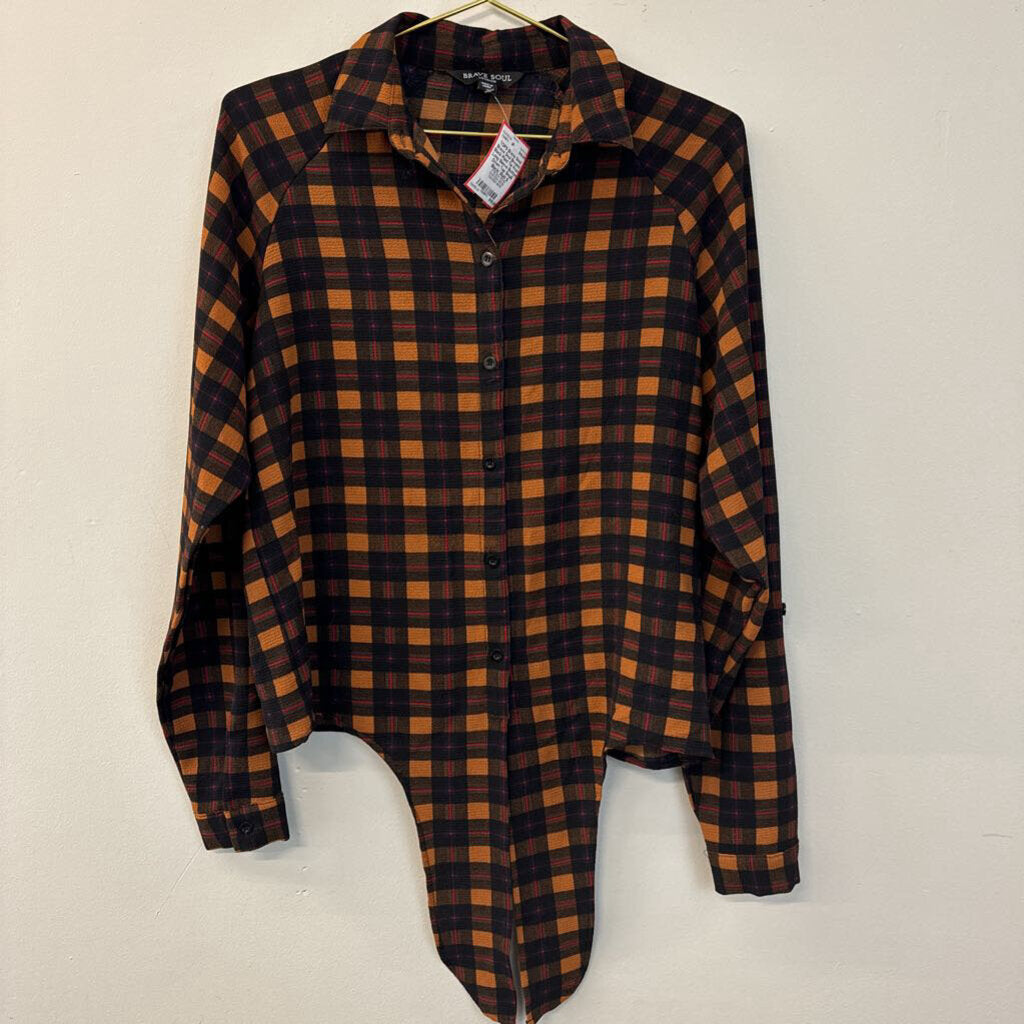 Brave Soul Brown/ Black Plaid Tie Front Long Sleeve Button Down Top Small