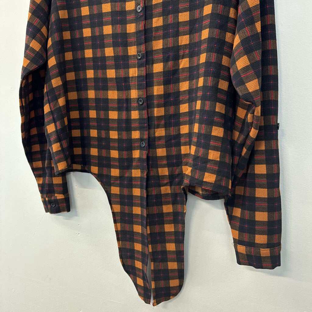 Brave Soul Brown/ Black Plaid Tie Front Long Sleeve Button Down Top Small