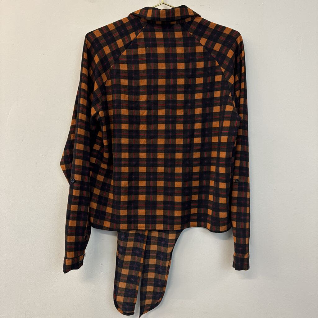 Brave Soul Brown/ Black Plaid Tie Front Long Sleeve Button Down Top Small