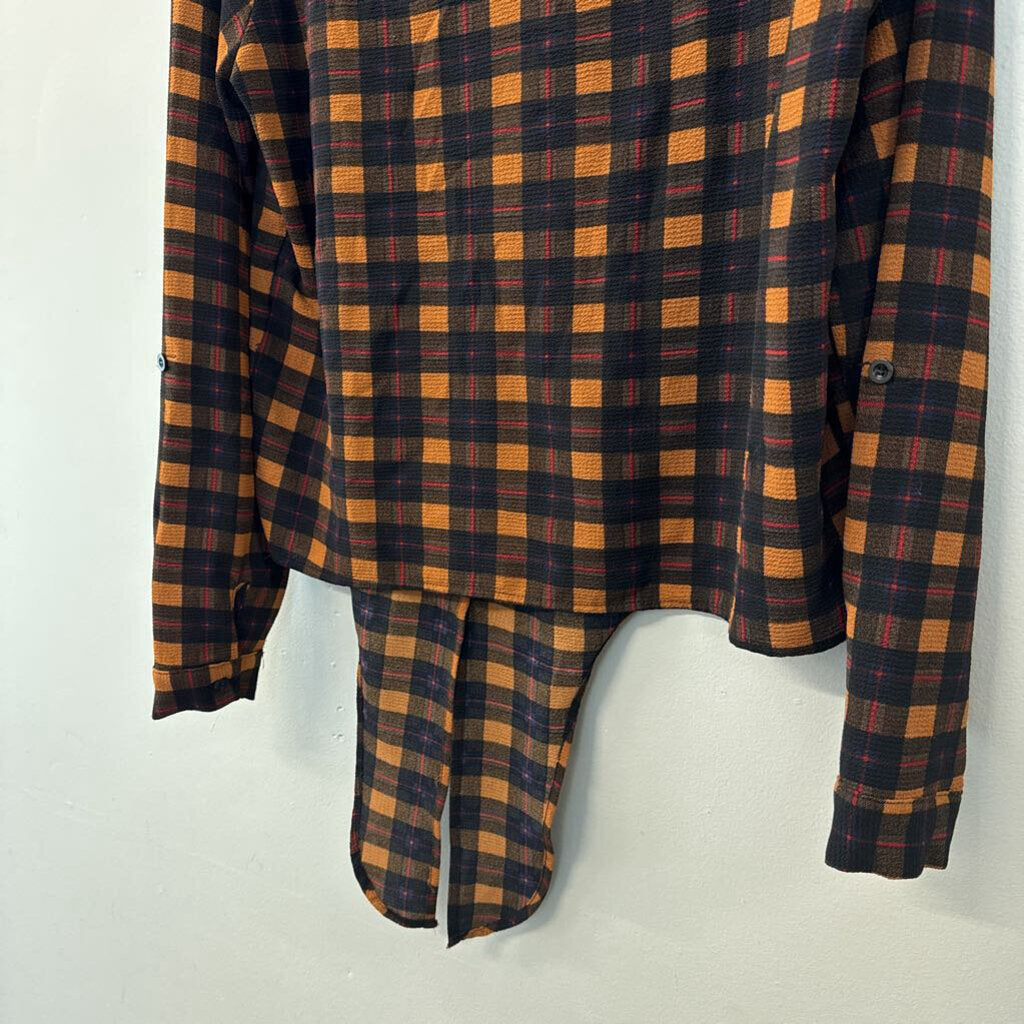 Brave Soul Brown/ Black Plaid Tie Front Long Sleeve Button Down Top Small