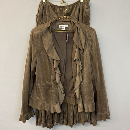 Rafael Brown Suede Ruffle Detail Jacket/ Skirt Set 16