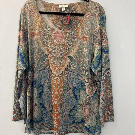 Style and Co Green/ Multi Print Long Sleeve Top 2X