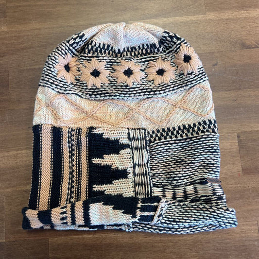 Free People Beige/ Black Print Knit Hat One Size